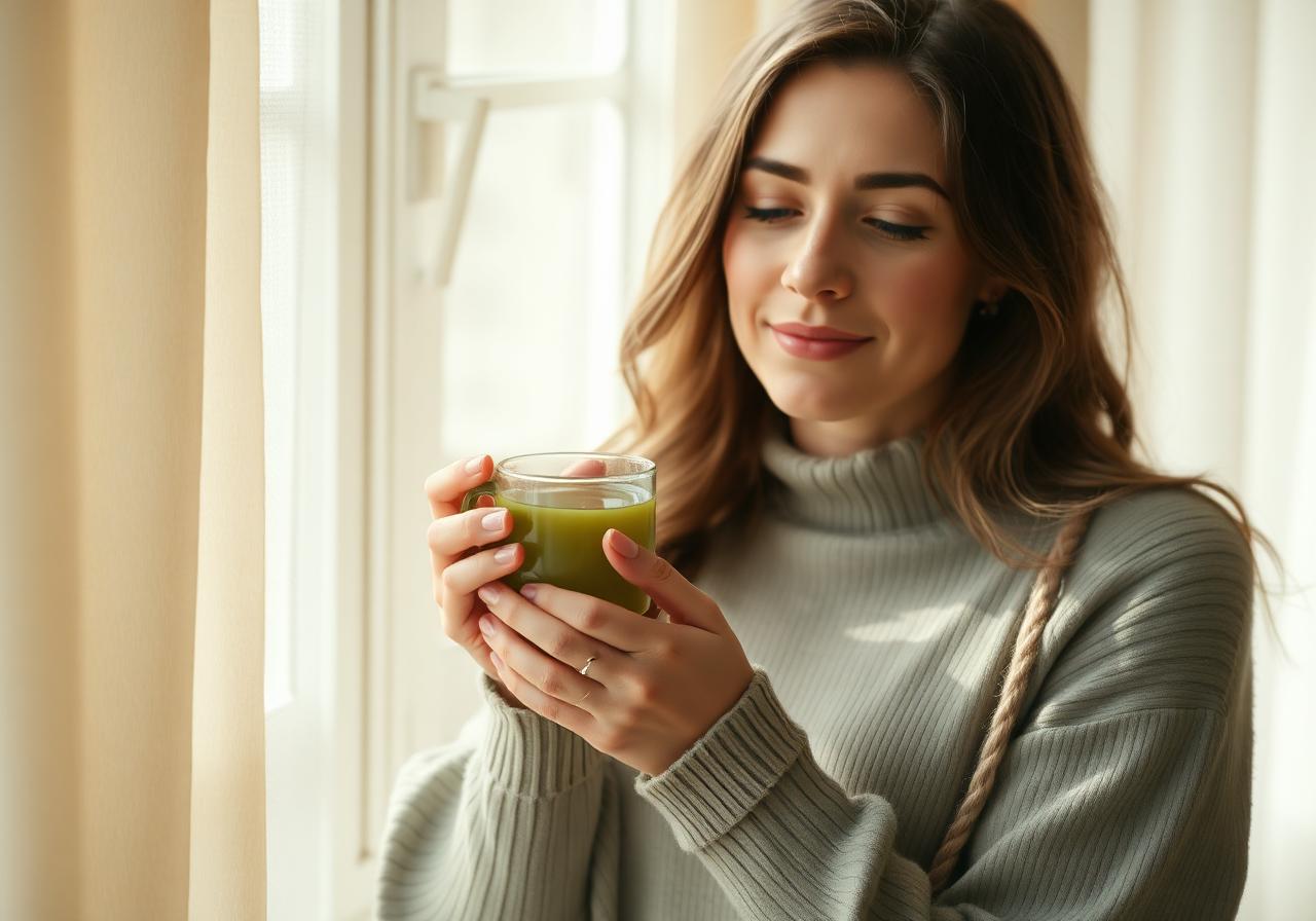 A serene woman holding a cup of herbal tea by a window