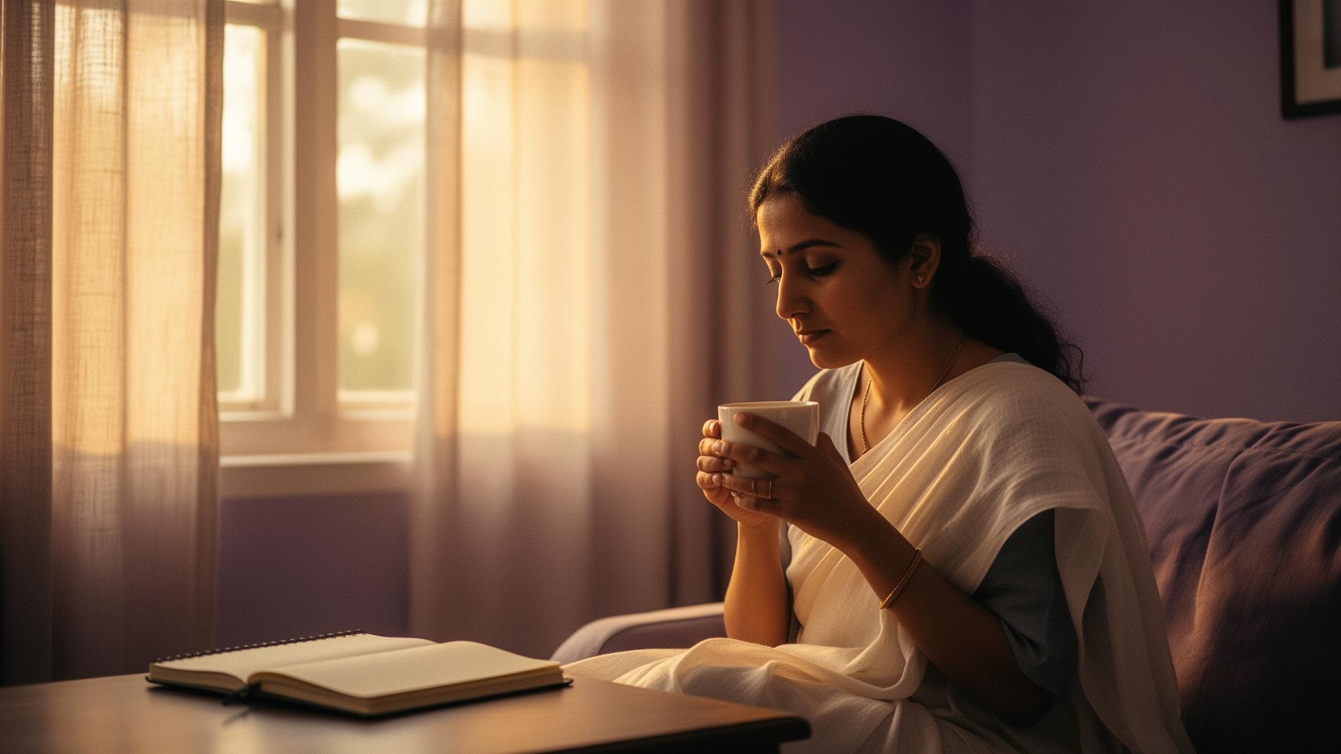 A working woman pausing with a warm cup near a sunlit window